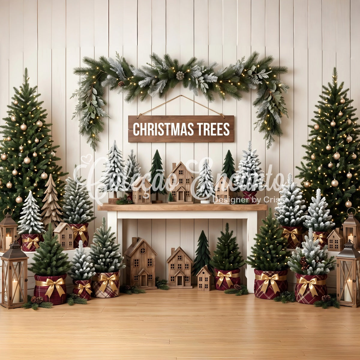 Weihnachten Fotohintergrund Rustikaler Weihnachtsmarkt Tannen Kulisse CEM65-79