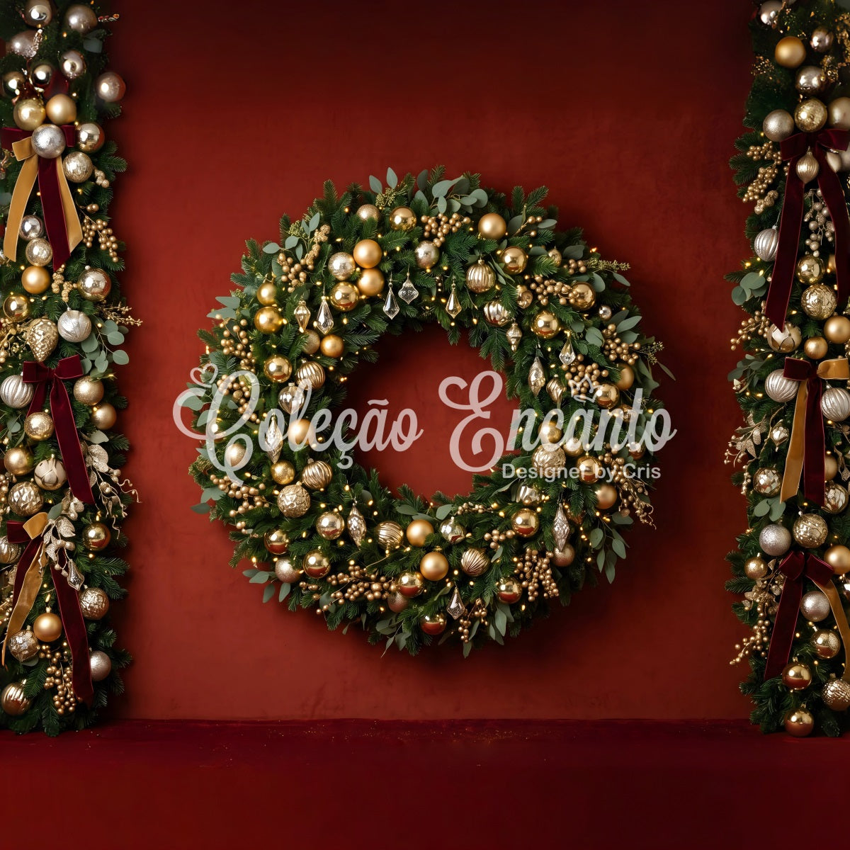 Weihnachts Fotokulisse Goldene Ornament Kranz Girlande Studio Hintergrund Weihnachten CEM65-83