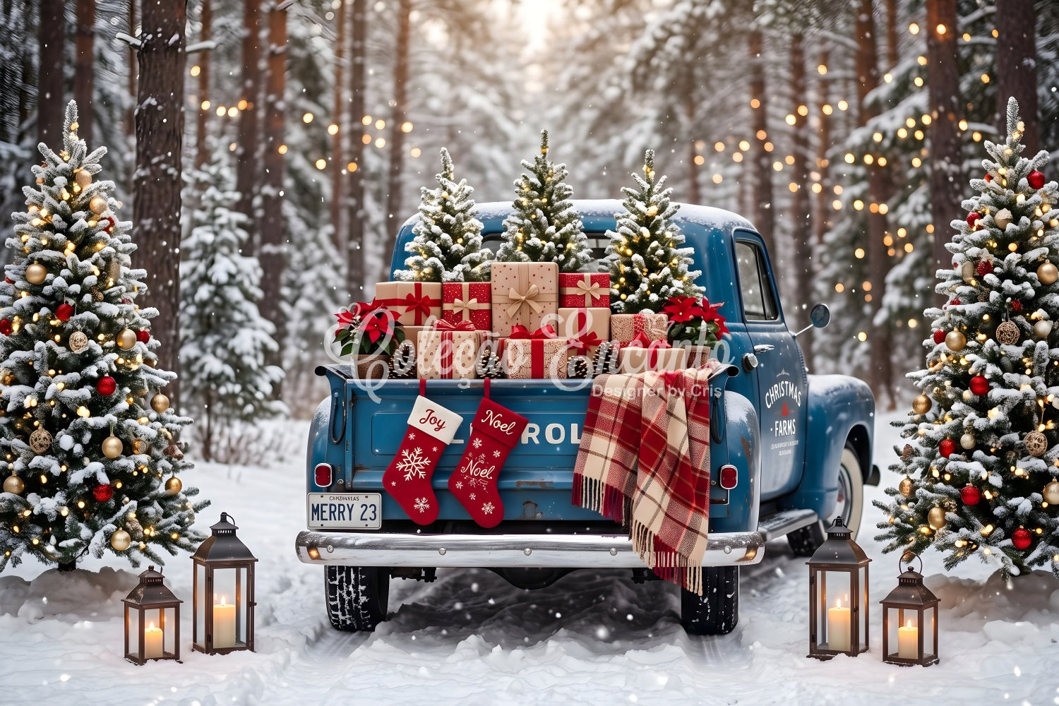 Weihnachts Fotohintergrund Vintage blauer Truck Schnee Wald Kulisse CEM65-84