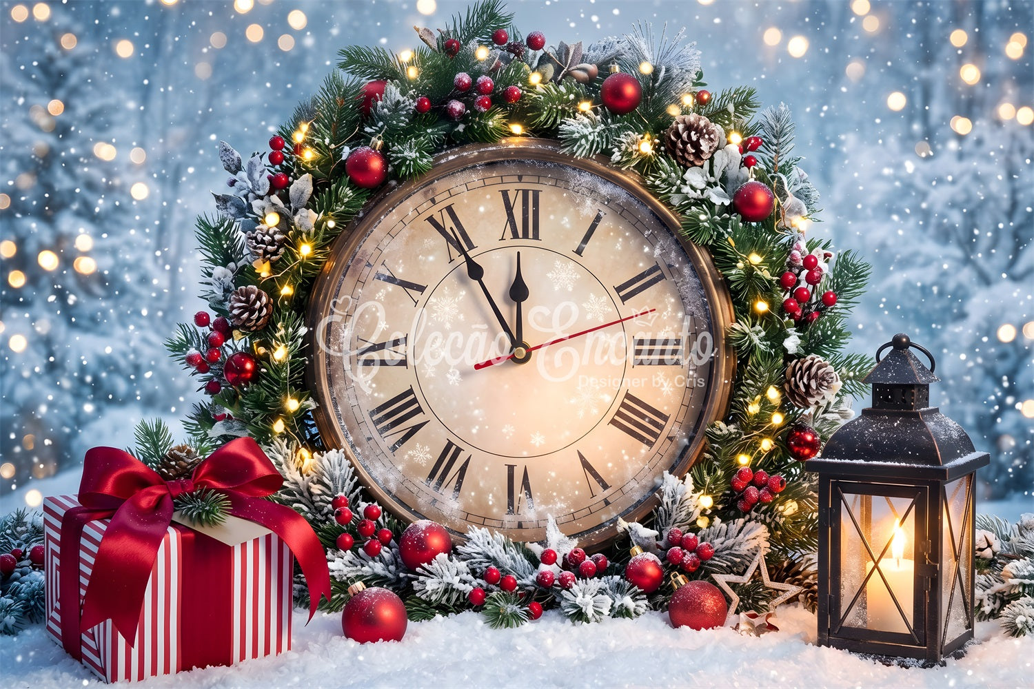 Weihnachts Fotohintergrund Schneenacht Uhr Laternen Kranz Winter Kulisse CEM65-86