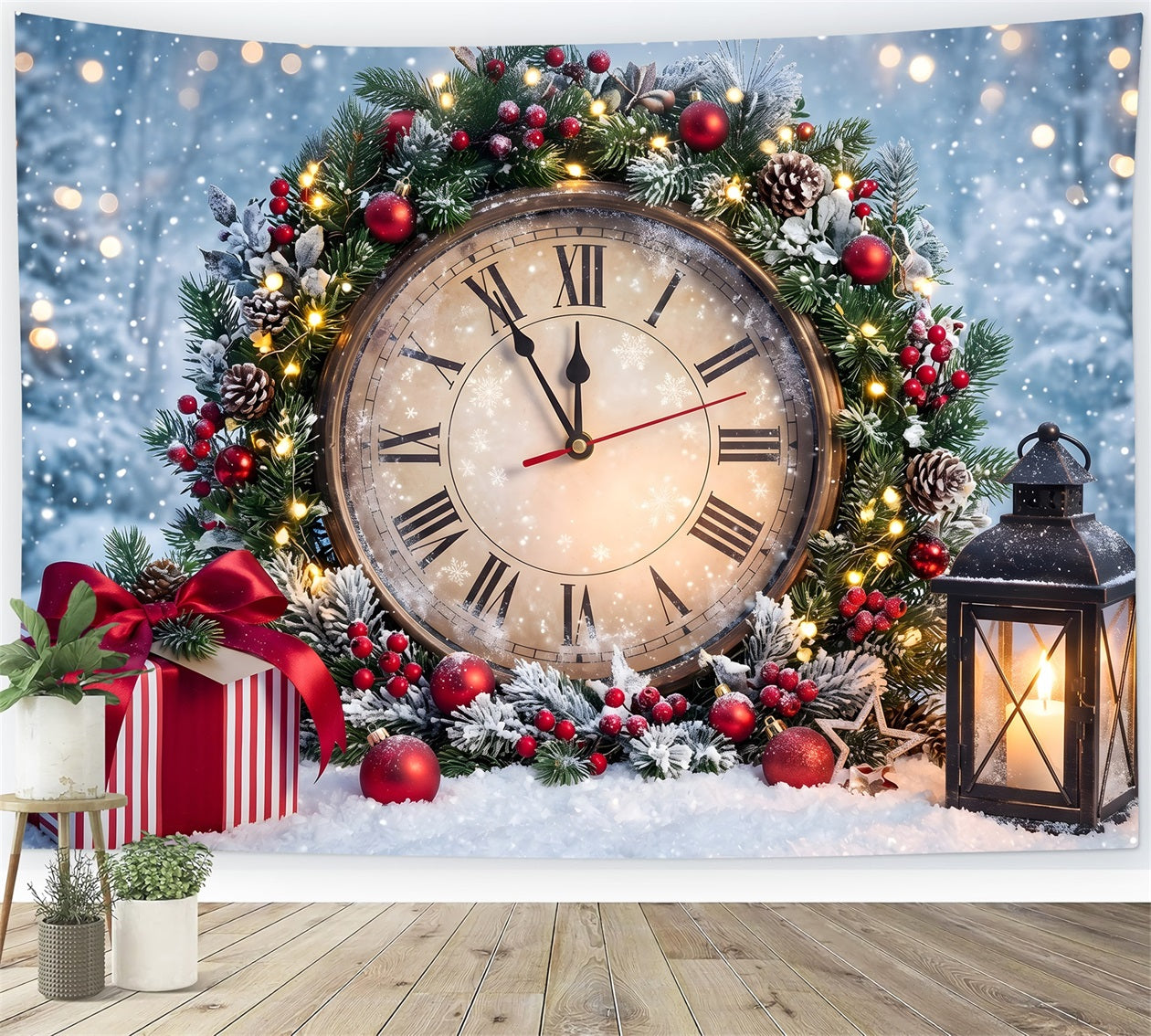 Weihnachts Fotohintergrund Schneenacht Uhr Laternen Kranz Winter Kulisse CEM65-86