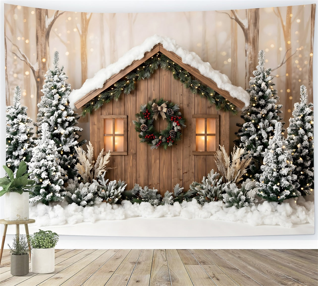 Outdoor Weihnachtskulisse Schnee Wald Hütte Kiefern Lichter Fotohintergrund CEM65-87
