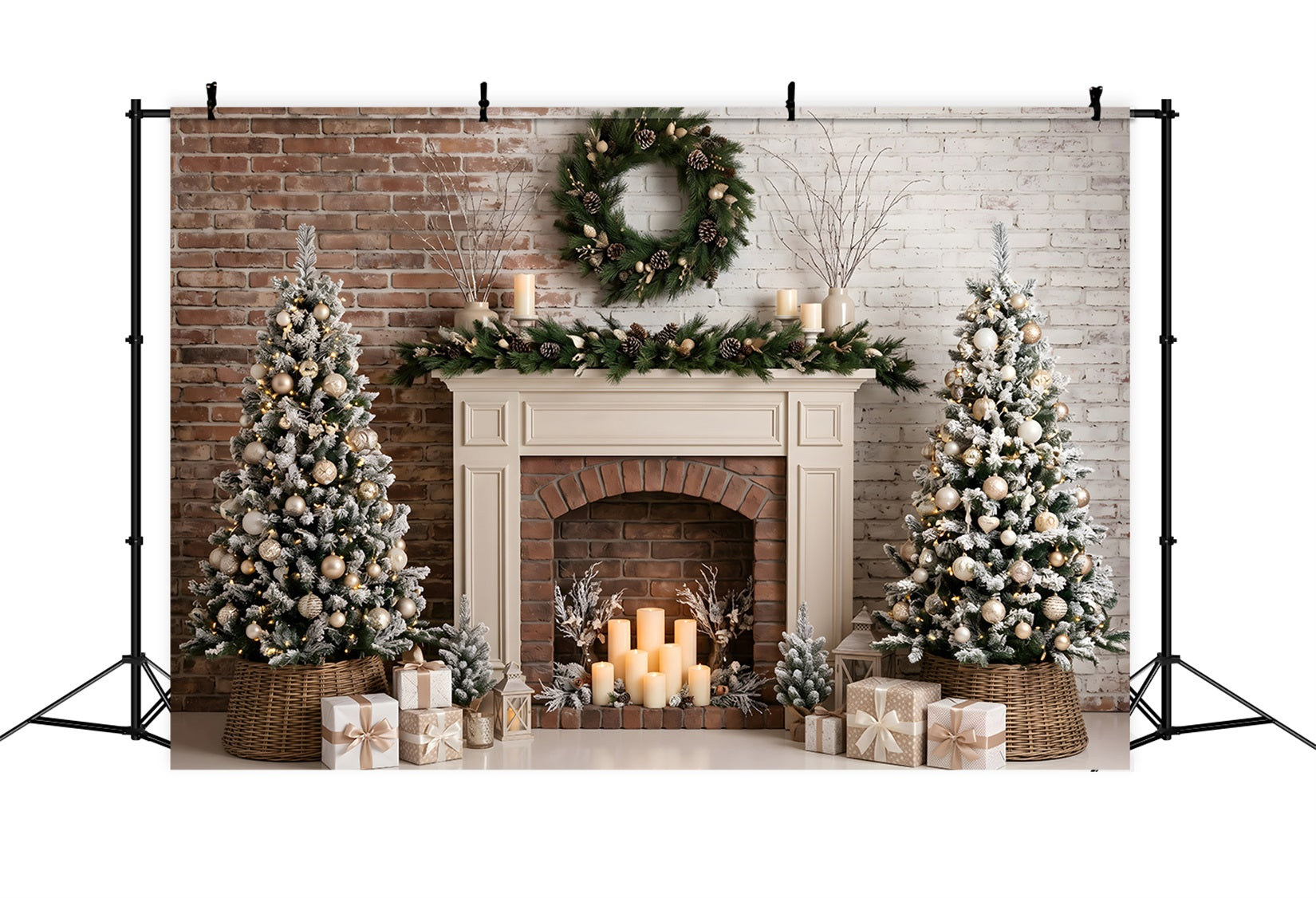 Weihnachts Kamin Fotohintergrund Frosted Fireplace Kerzen Tannen Studio Kulisse CEM65-88