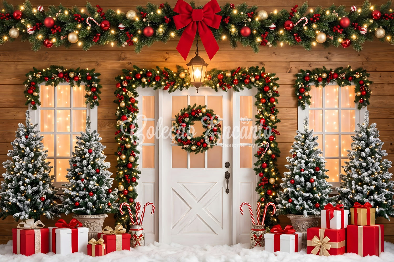 Weihnachts Fotohintergrund rote Schleife Tür Kranz Geschenk Studio Hintergrund CEM65-90