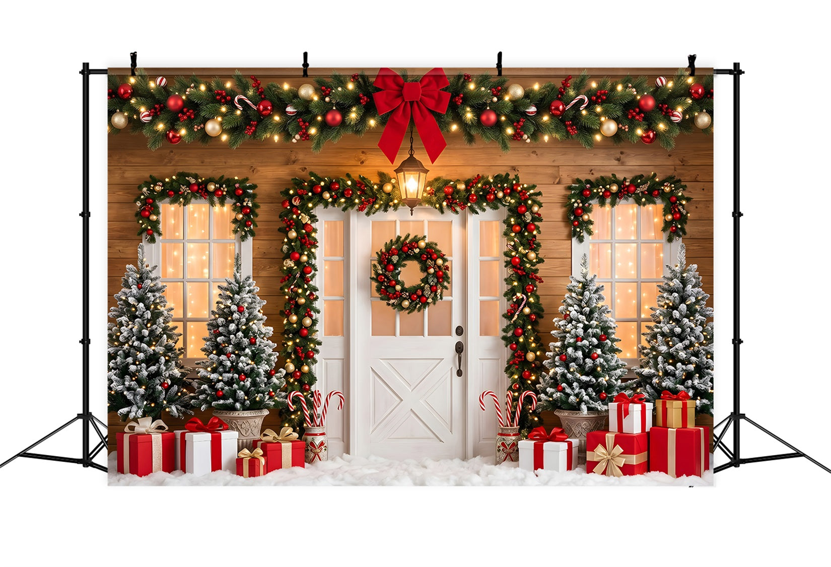 Weihnachts Fotohintergrund rote Schleife Tür Kranz Geschenk Studio Hintergrund CEM65-90