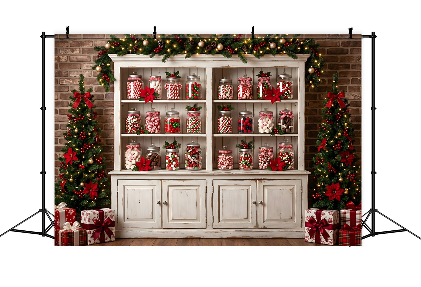 Festlicher Photo Booth Hintergrund Bonbonglas Schrank Poinsettien Tannen CEM65-91