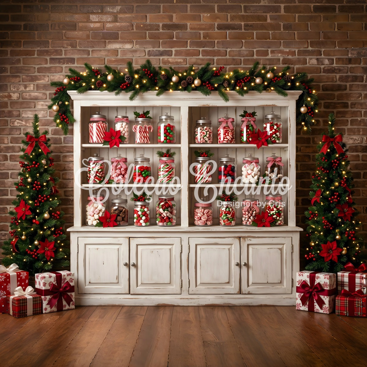 Festlicher Photo Booth Hintergrund Bonbonglas Schrank Poinsettien Tannen CEM65-91