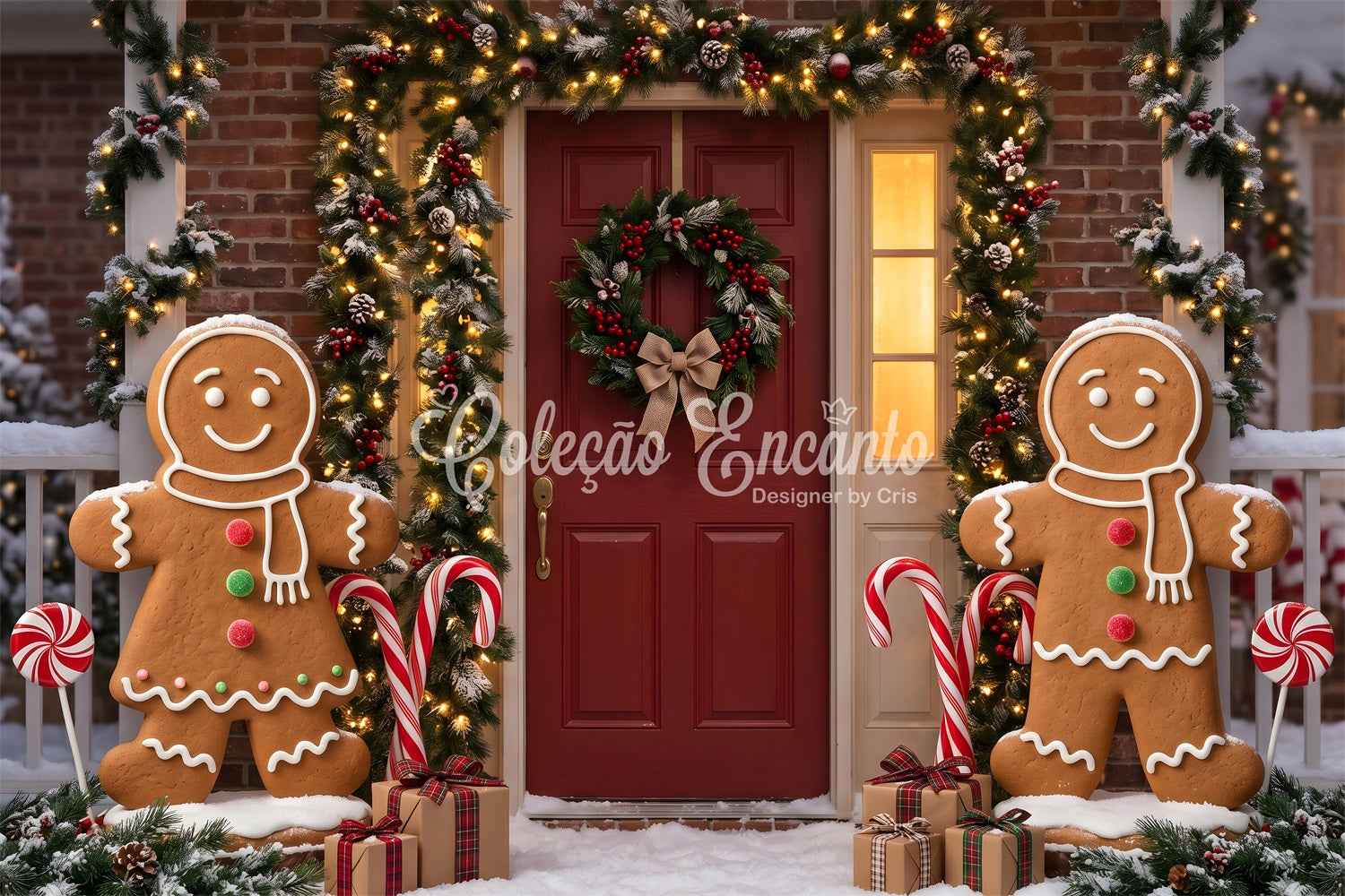 Weihnachten Lebkuchen Tür Girlande Zuckerstangen Fotohintergrund CEM65-94