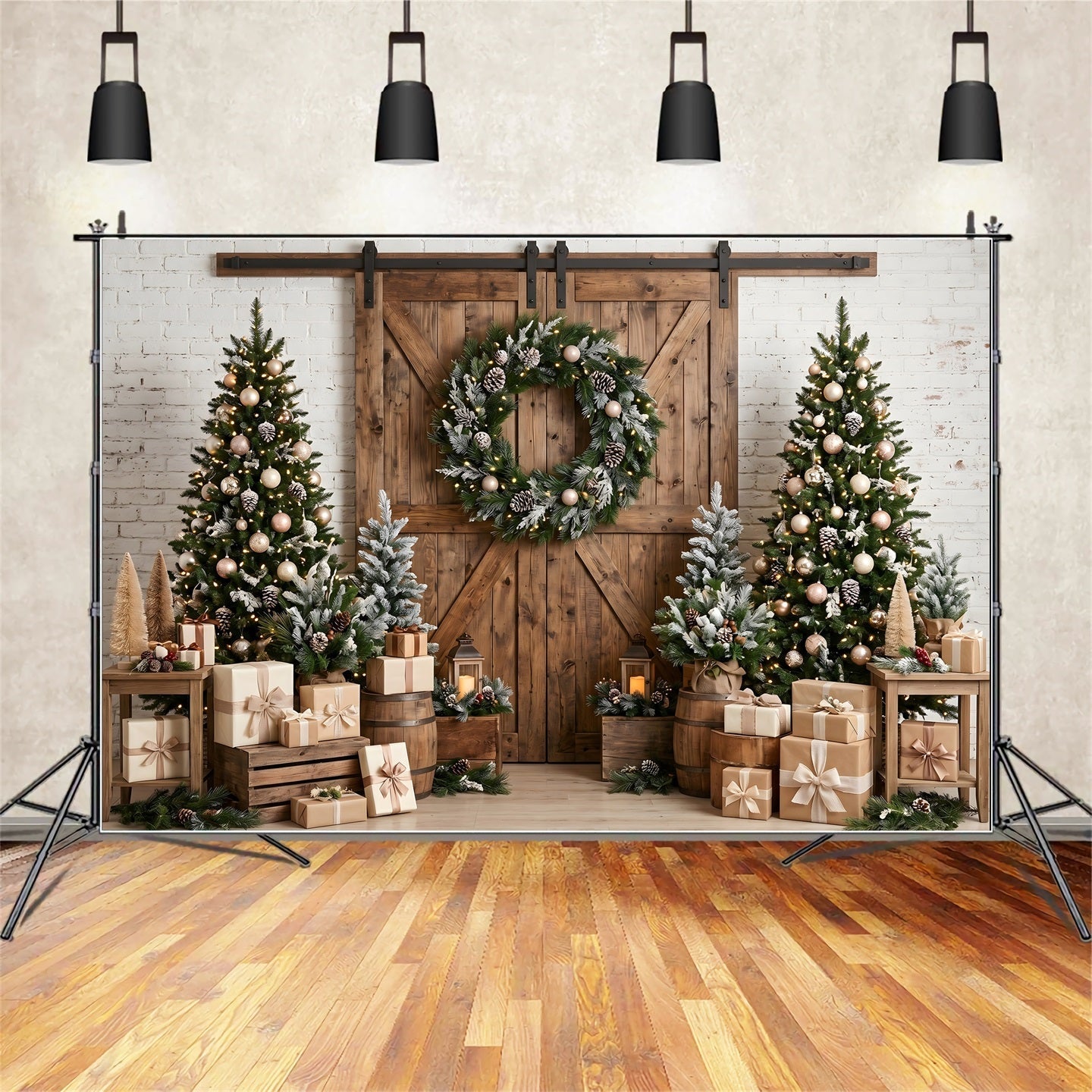 Weihnachts Scheune Tür rustikal Kranz Tannen Studio Kulisse CEM65-97