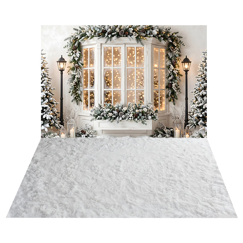Verschneites Weißes Erkerfenster Hintergrund + Weißer Strukturierter Schneeboden Hintergrund CEMCBS65-14