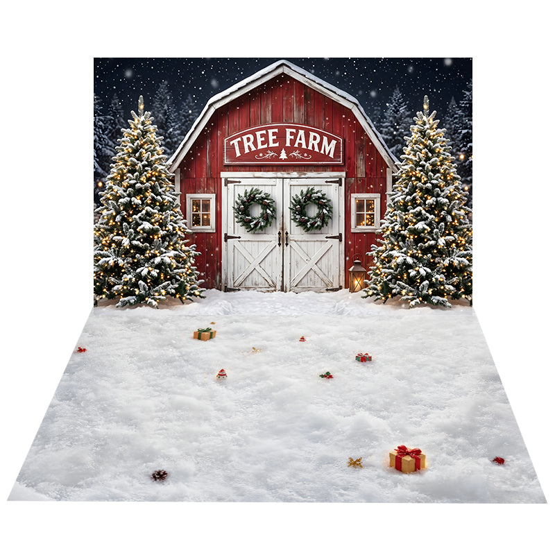 Verschneite Weihnachtsbaumfarm mit Scheune Hintergrund + Dunkler Rustikaler Holzboden Hintergrund CEMCBS65-21