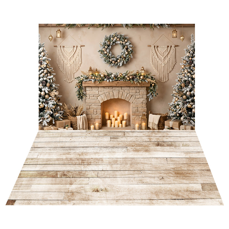 Boho Kamin mit Kerzen Hintergrund + Verwitterter Weißer Holzboden Hintergrund CEMCBS65-27
