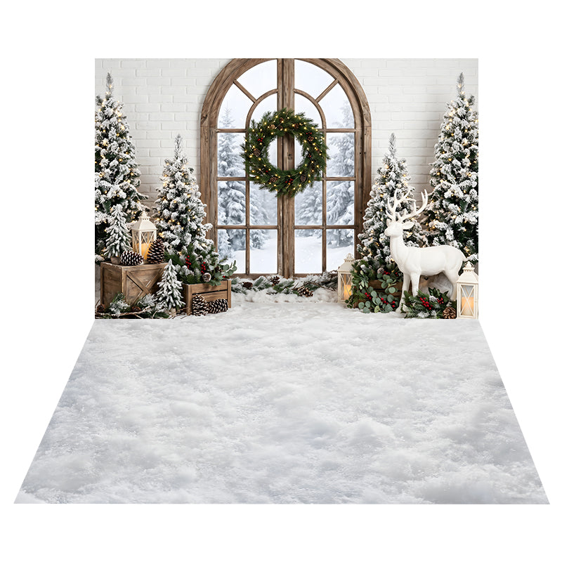 Verschneites Bogenfenster Hintergrund + Weißer Schneeflächen Bodenhintergrund CEMCBS65-3