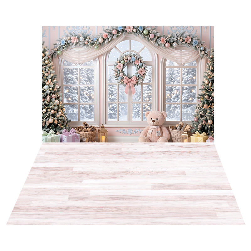 Pastellfarbenes Fenster mit Teddybär Hintergrund + Zartrosa Holzboden Hintergrund CEMCBS65-33