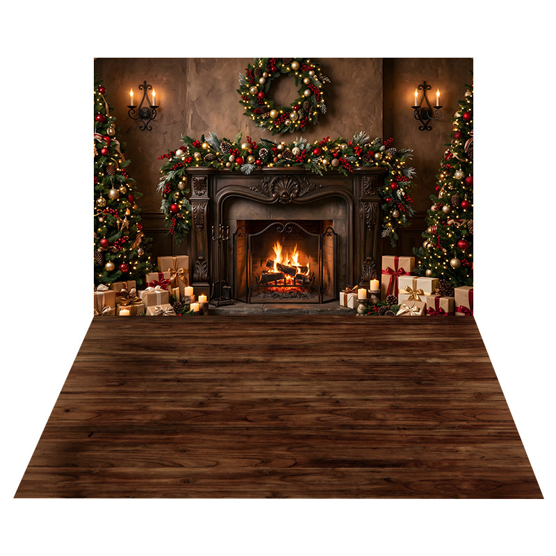 Eleganter Kamin mit Weihnachtsgirlande Hintergrund + Dunkler Walnussholzboden Hintergrund CEMCBS65-40