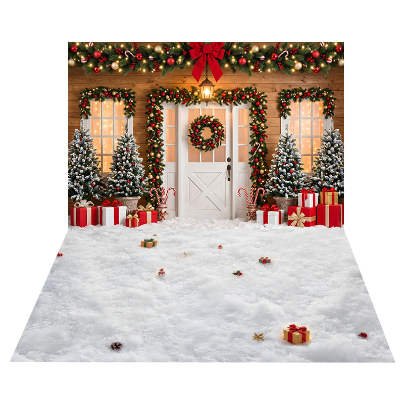 Festlicher Verschneiter Hauseingang Hintergrund + Schneeboden mit Verteilten Geschenken CEMCBS65-8