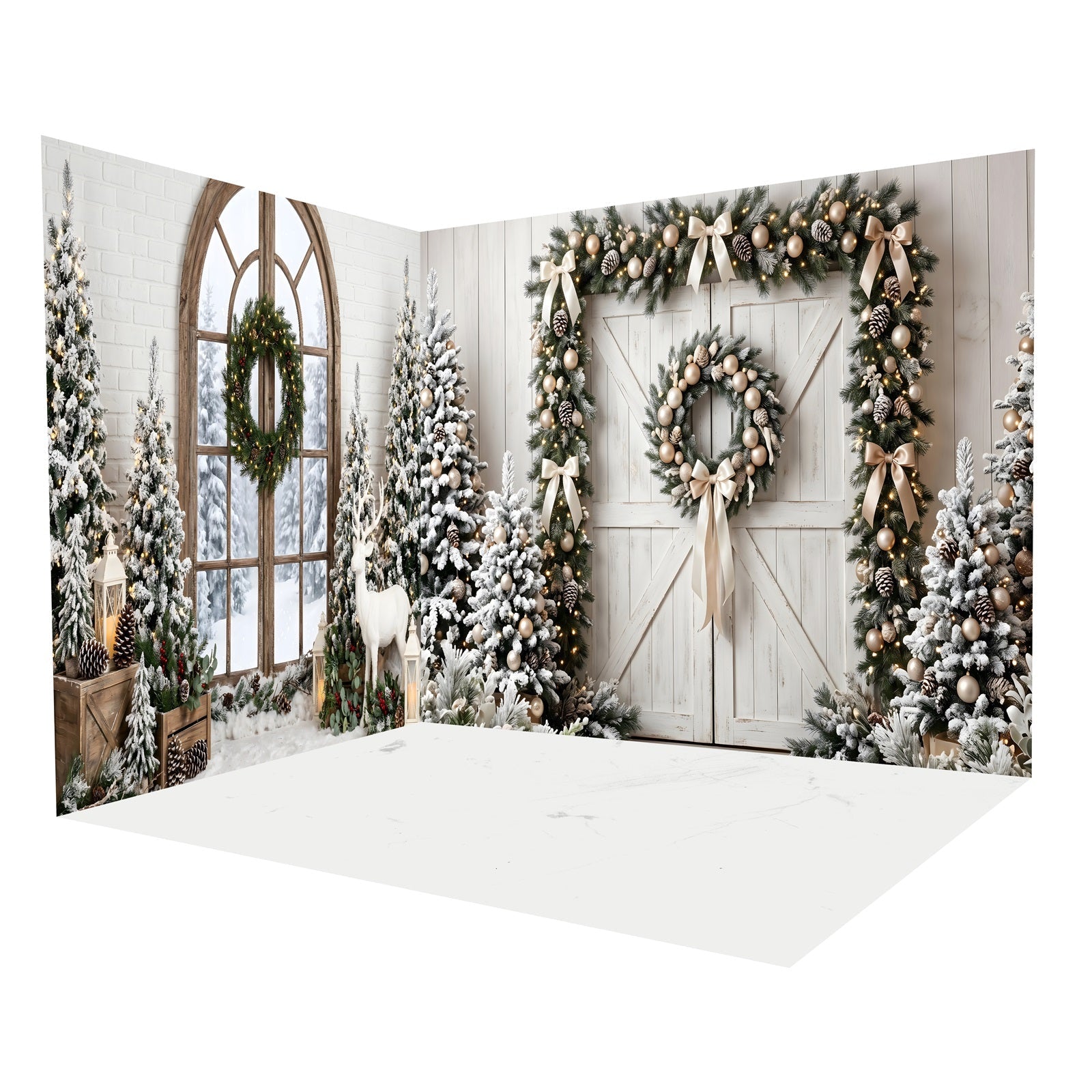 Weihnachts-Fotohintergrund Verschneiter Weißer Scheuneneingang Raumkulissen-Set CEMRMS65-1