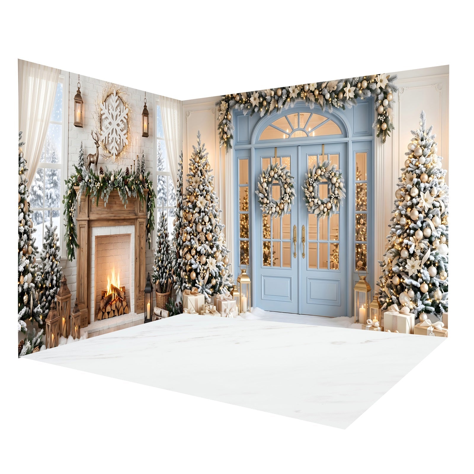 Weihnachts-Fotohintergrund Blaue Tür mit Festlichem Kamin Raumkulissen-Set CEMRMS65-12