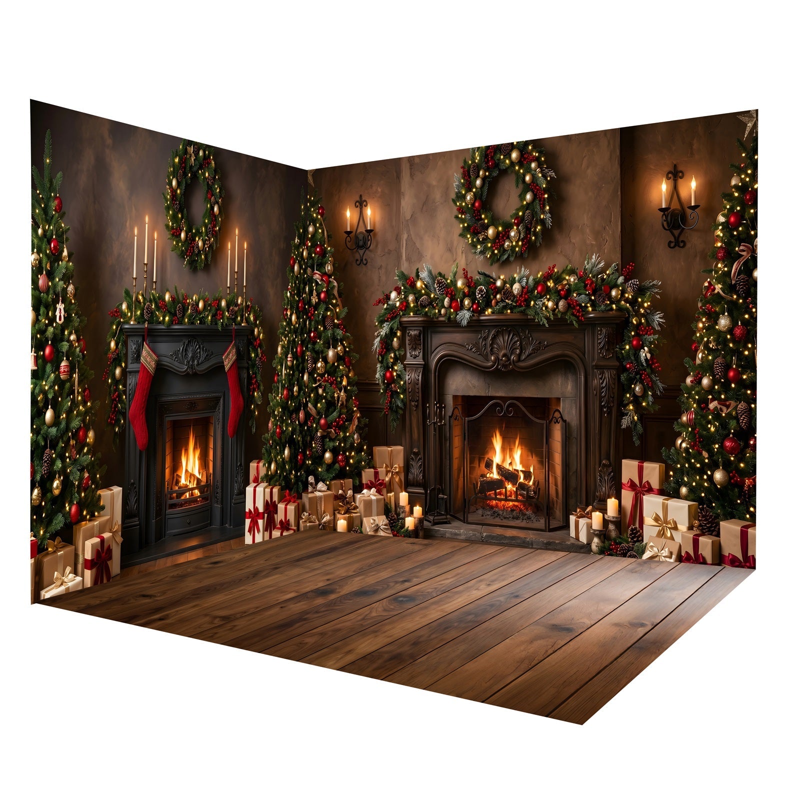 Weihnachtskulisse Warmer Kamin mit Dekoriertem Kaminsims Raumkulissen-Set CEMRMS65-17