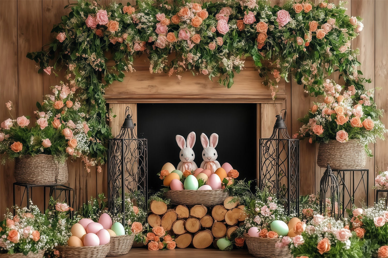 Ostern Fotokulissen Floral Bunny Kamin Hintergrund CJJ-169