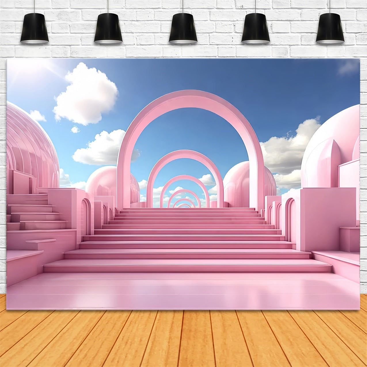Fashion Doll Backdrop Fotohintergrund Verträumte Pastellbögen Treppe Backdrop CJJ2-101