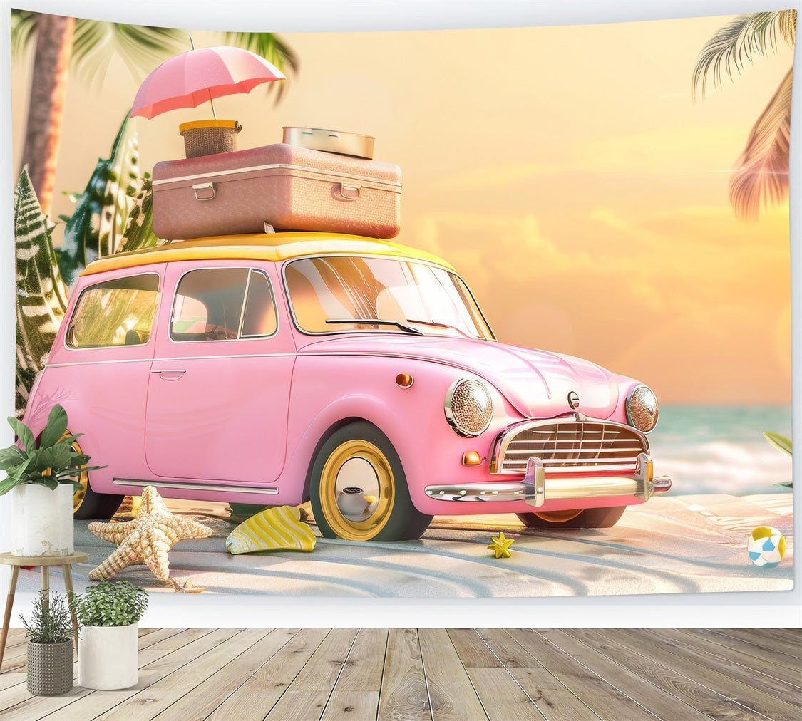 Backdrop Rosa Mädchen Retro Auto Rosa Strand Backdrop CJJ2-102