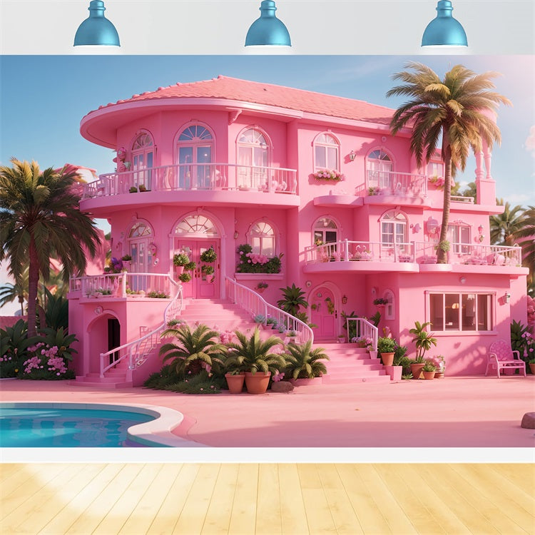 Pink Girl Backdrop Haus Backdrop Tropisches Paradies Pink Villa Backdrop CJJ2-84
