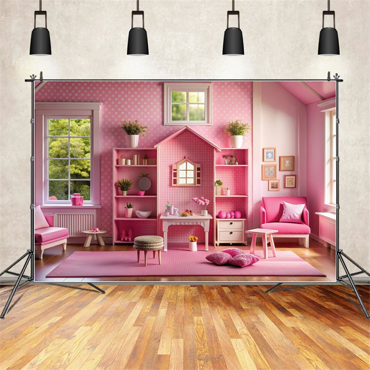 Fashion Doll Backdrop Hintergrundbilder Pink Dollhouse Room Backdrop CJJ2-91