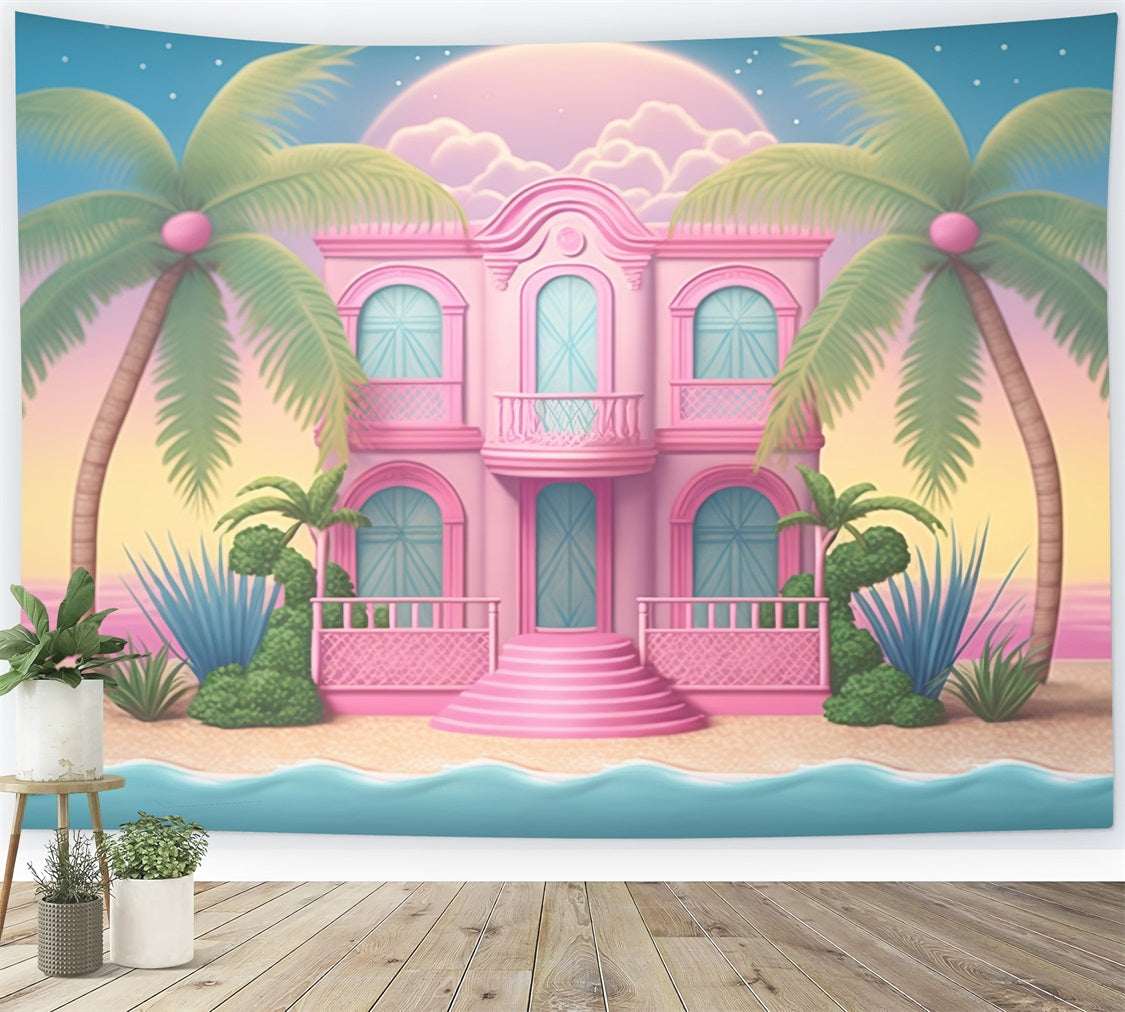 Fashion Doll Backdrop Palm Paradise Beach Mansion Backdrop CJJ2-98