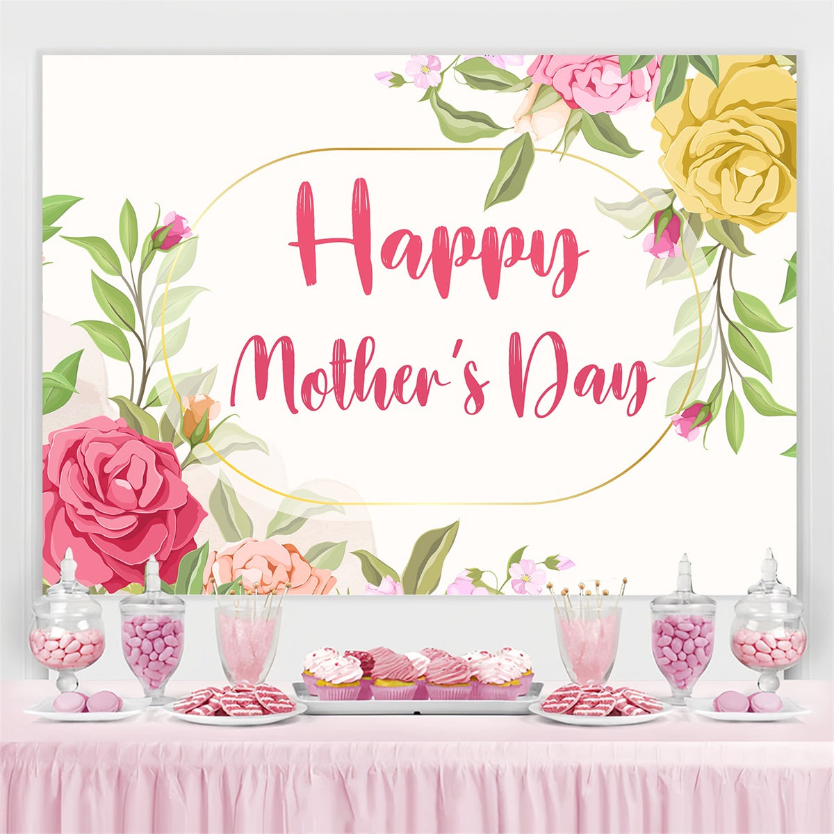 Muttertags-Hintergrundbild Personalisierbarer Goldener Rahmen Blumiges Aquarell CJJ3-161