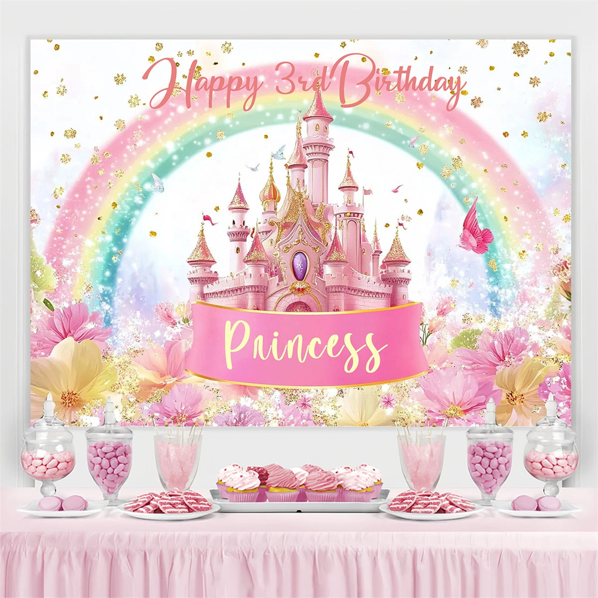 Personalisierte Geburtstag Backdrops Dreamy Rainbow Castle Backdrop CJJ3-204