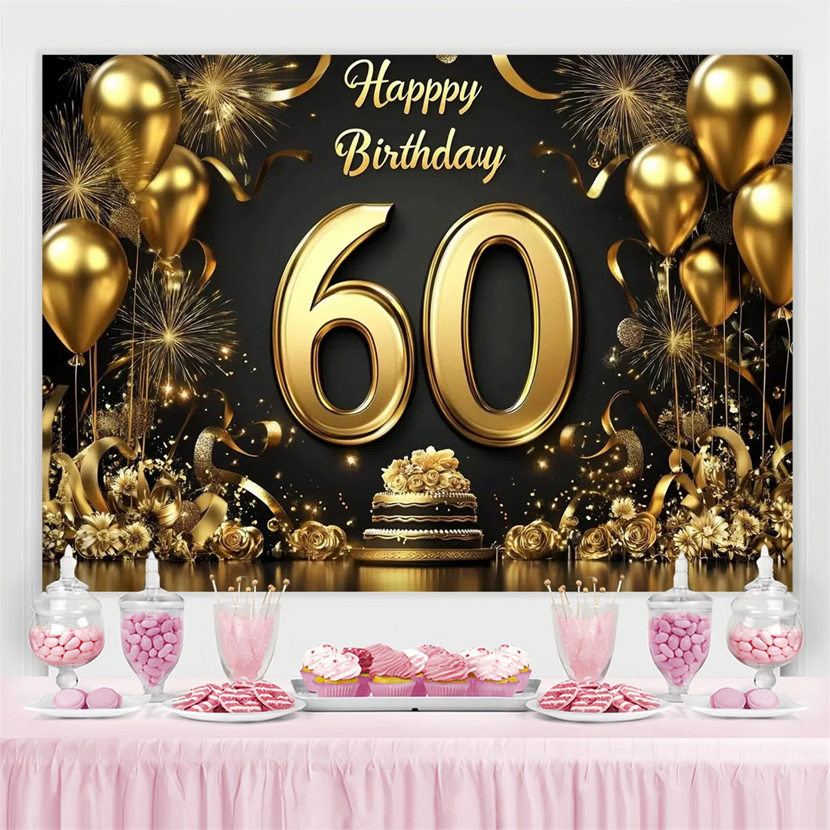 Personalisierte 60. Geburtstag Backdrop Goldener Ballon Sparkle Backdrop CJJ3-208
