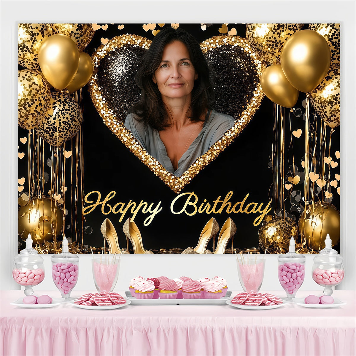 Individuelles Happy Birthday Backdrop Glitter Heart Frame Balloon Backdrop CJJ3-212