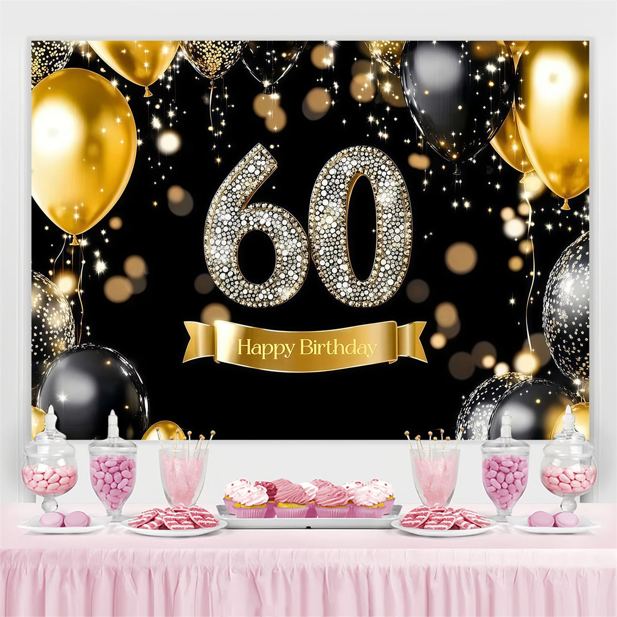 Customized Birthday Backdrop Glänzende Diamant Ballon 60th Backdrop CJJ3-213