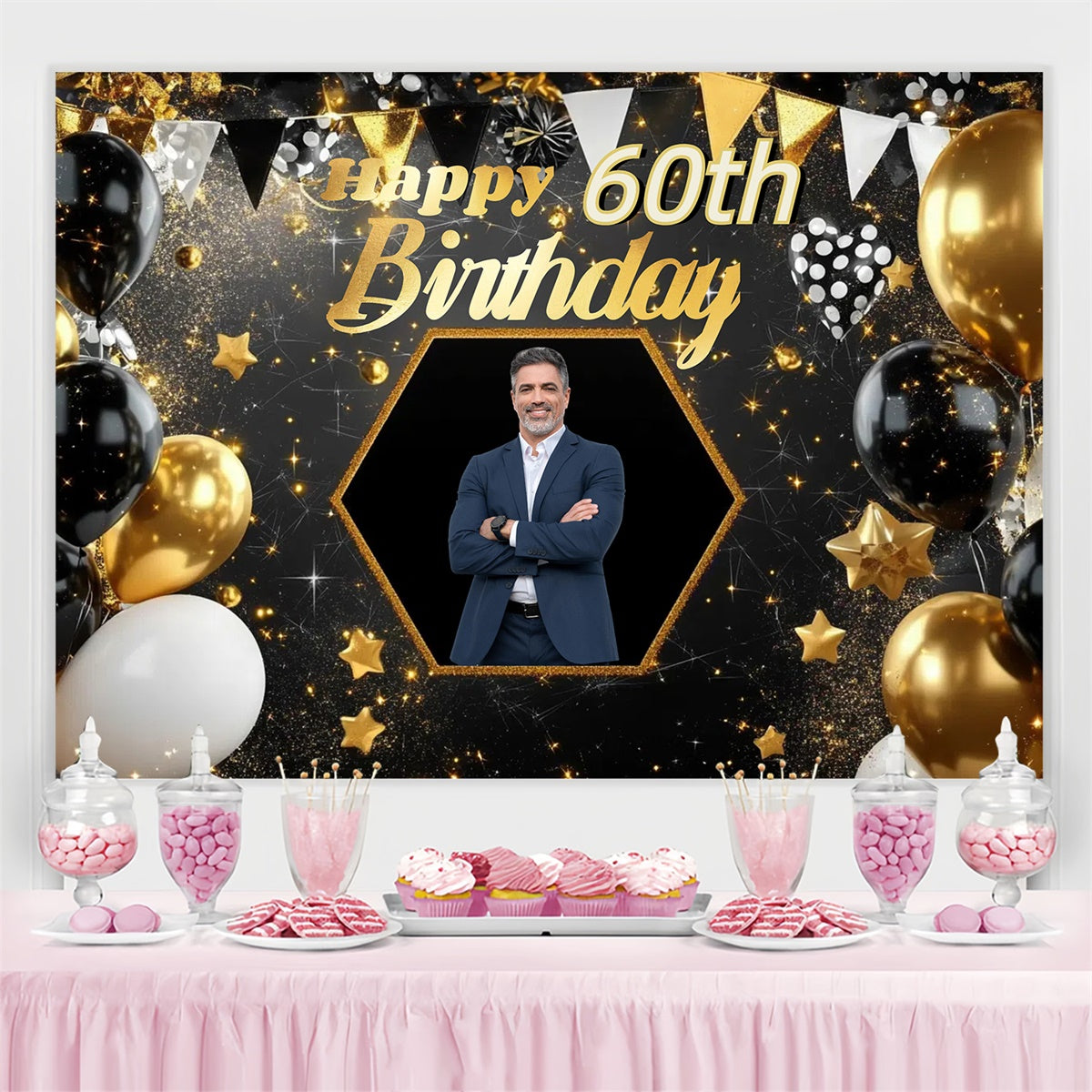Personalisierte 60. Geburtstag Backdrop Gold Banner Star Backdrop CJJ3-218