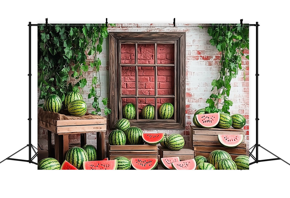 Wassermelone Fotohintergrund Ziegelstein Wassermelone Fenster Sommerhintergrund CJJ3-263