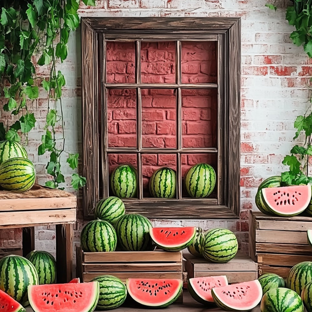 Wassermelone Fotohintergrund Ziegelstein Wassermelone Fenster Sommerhintergrund CJJ3-263