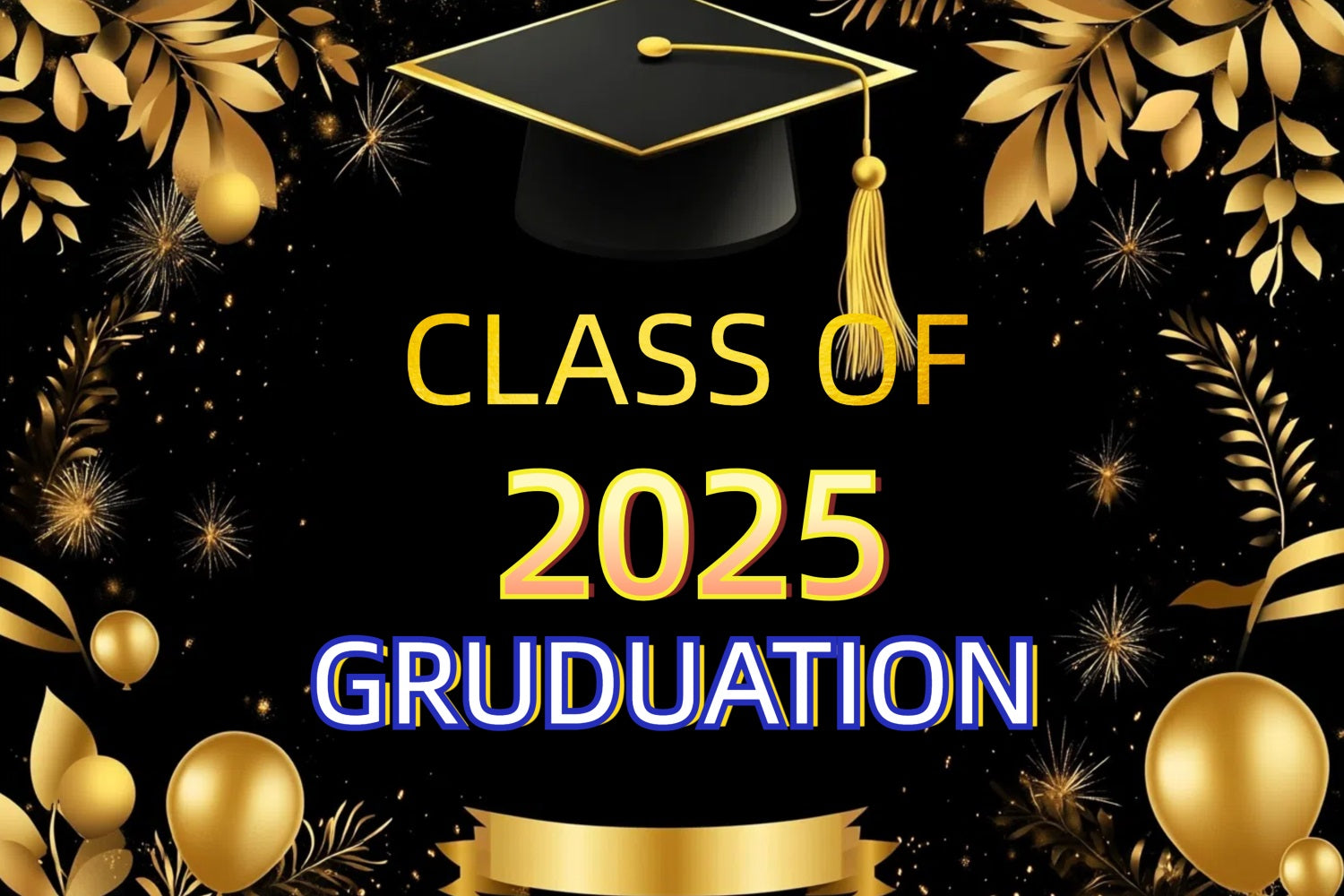 2025 Graduation Backdrop Golden Feuerwerk Ballons Party Graduation Backdrop CJJ3-267