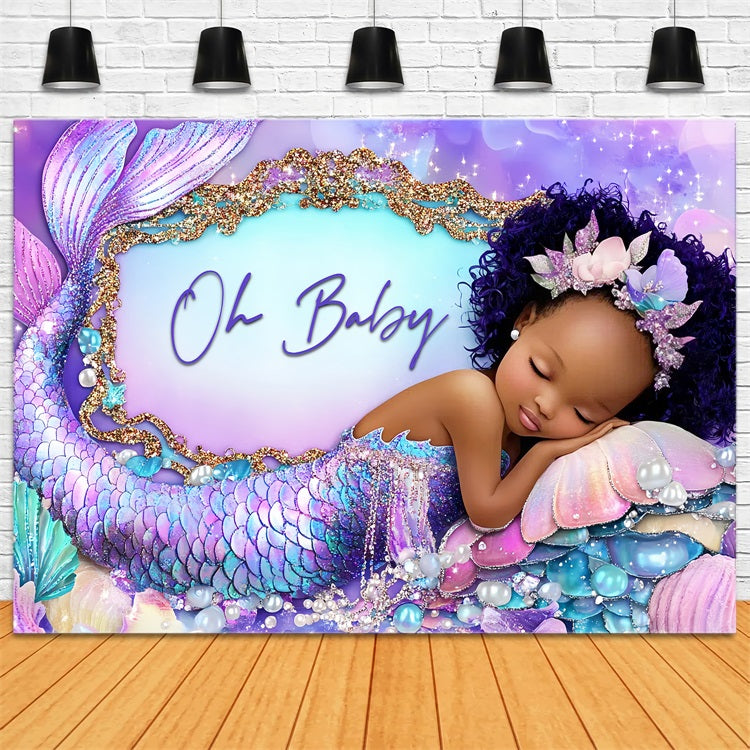 Backdrop für Baby Girl Shower Lila Meerjungfrau Muschel Hintergrund CSH2-145