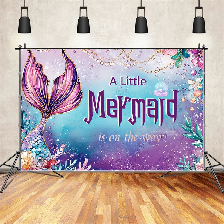 Lila Baby Shower Backdrop Glittery Mermaid Tail Seashells Backdrop CSH2-167
