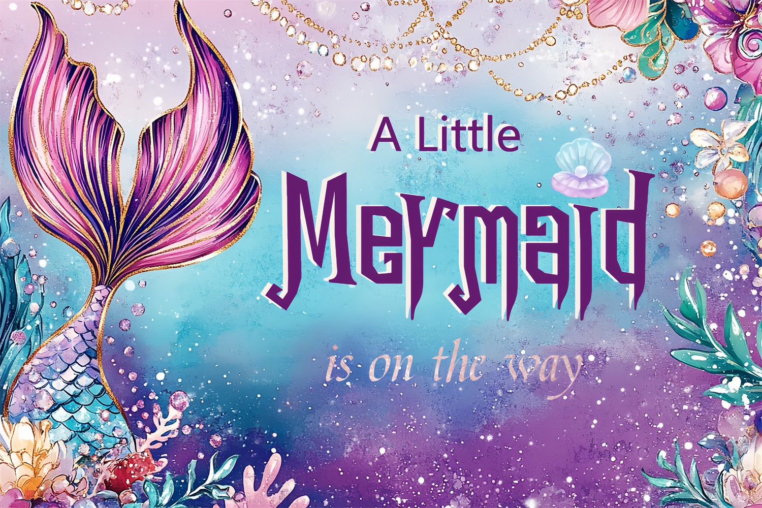 Lila Baby Shower Backdrop Glittery Mermaid Tail Seashells Backdrop CSH2-167