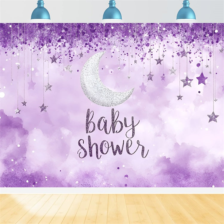 Baby Shower Fotokulisse Glitzernde Mondsterne Lila Hintergrund CSH2-184
