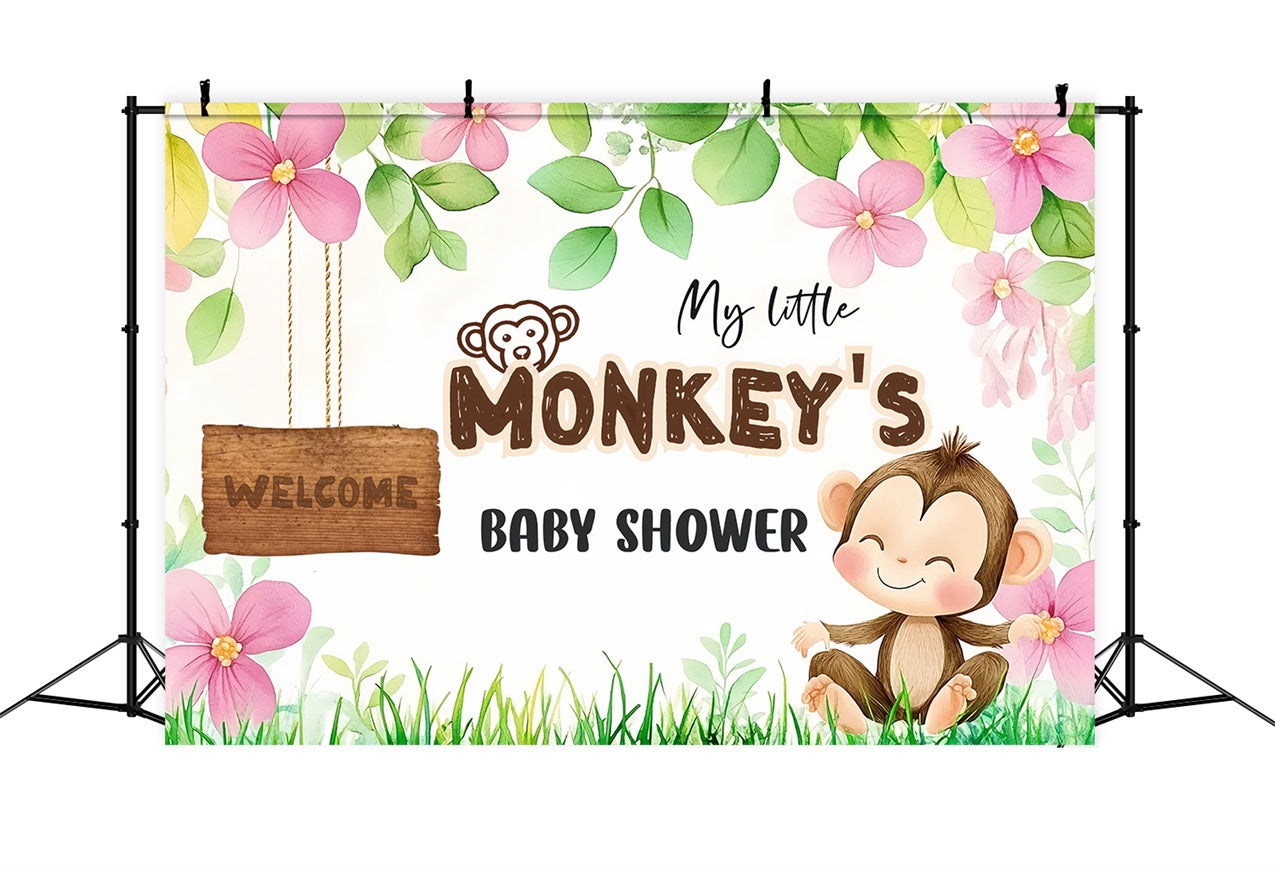 Baby Shower Backdrops Adorable Monkey Baby Willkommen Backdrop CSH2-204