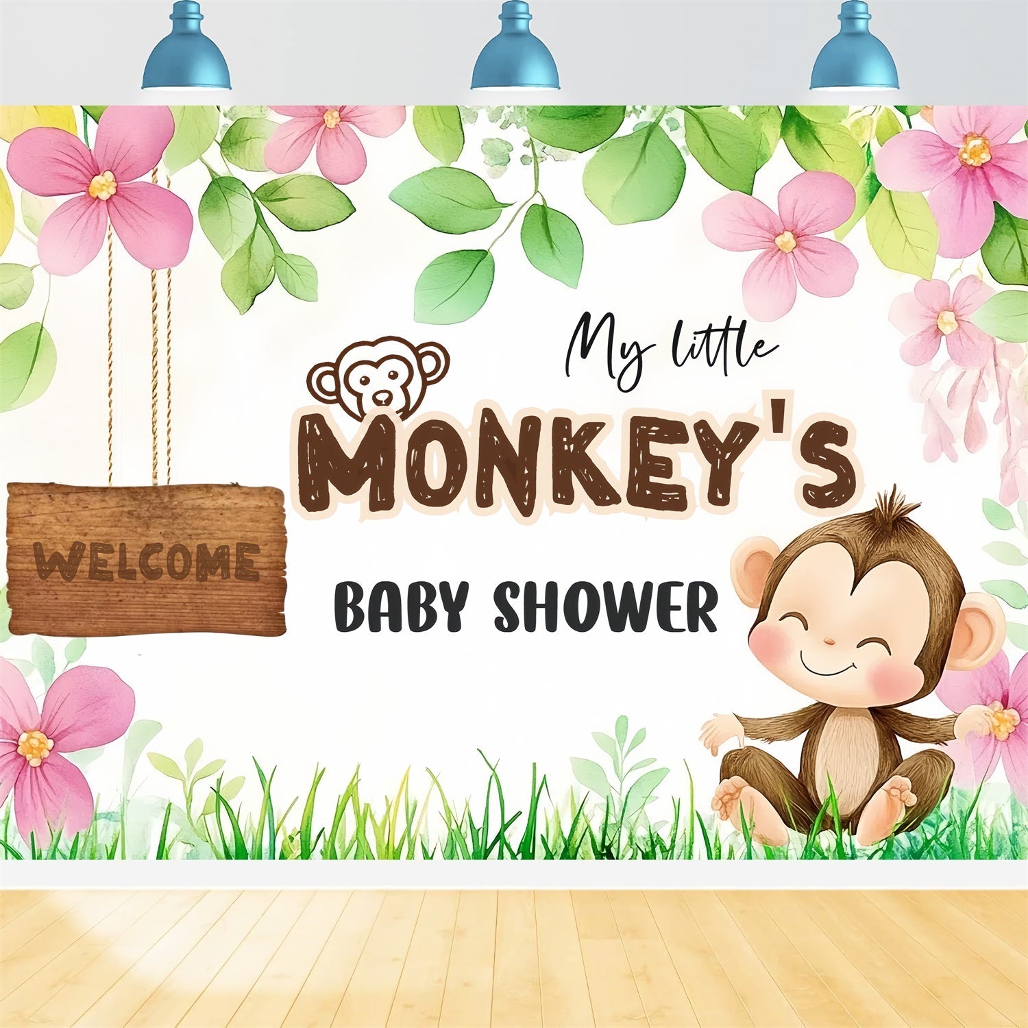 Baby Shower Backdrops Adorable Monkey Baby Willkommen Backdrop CSH2-204