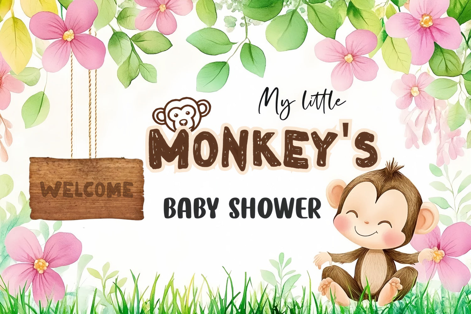 Baby Shower Backdrops Adorable Monkey Baby Willkommen Backdrop CSH2-204