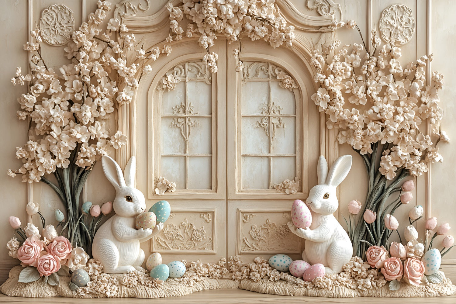 Ostern Fotohintergrund Cremig Floral Bunny Fantasy Hintergrund CSH2-57