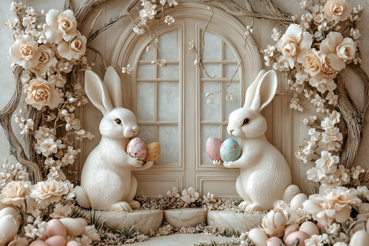 Ostern Fotohintergrund Rustic Floral Bunny Window Backdrop CSH2-59