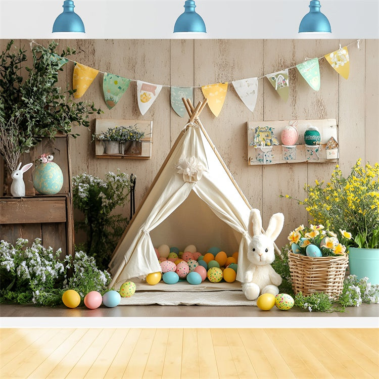 Fotohintergründe für Ostern Vintage Bunny Teepee Egg Backdrop CSH2-92