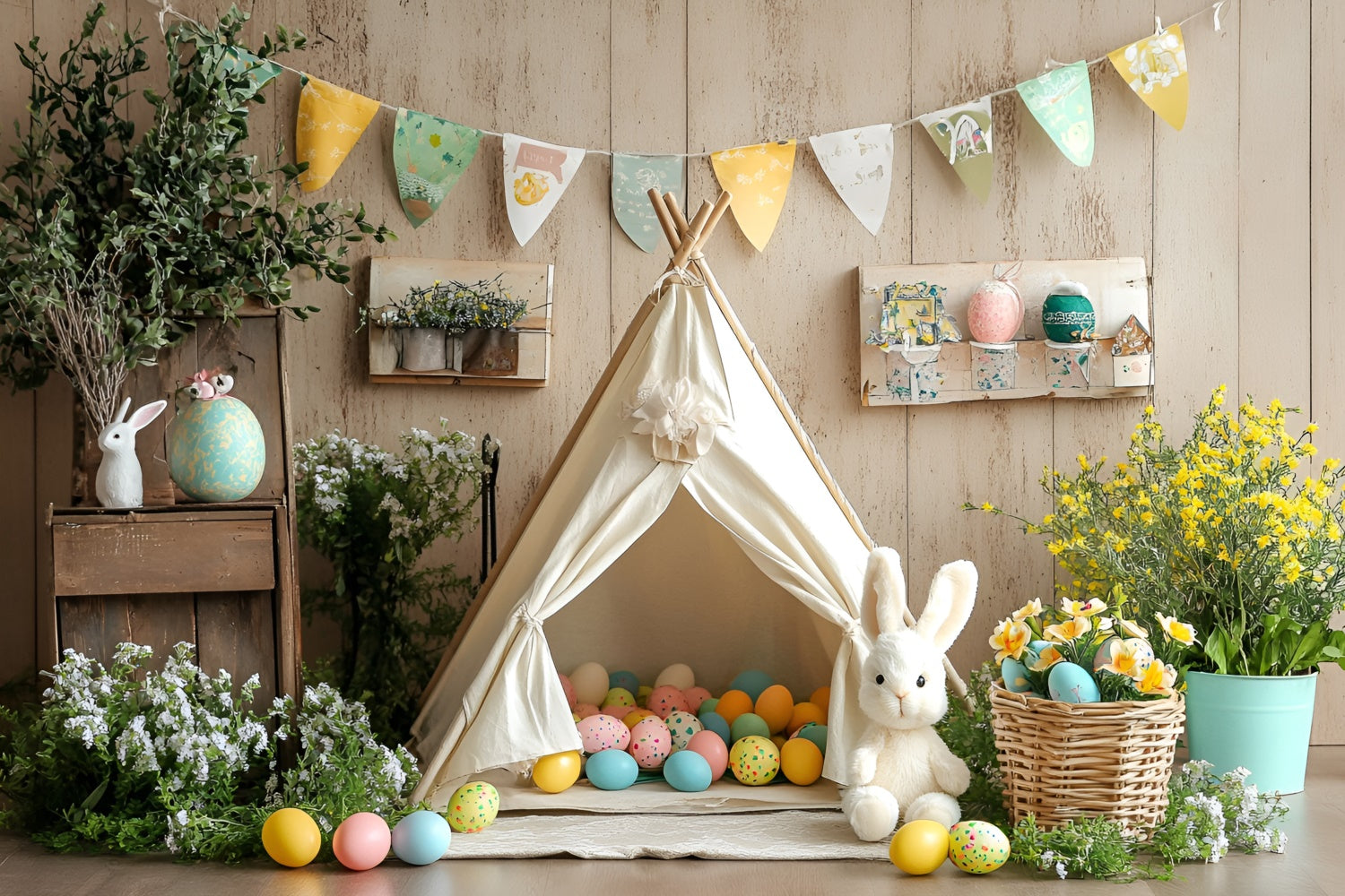Fotohintergründe für Ostern Vintage Bunny Teepee Egg Backdrop CSH2-92