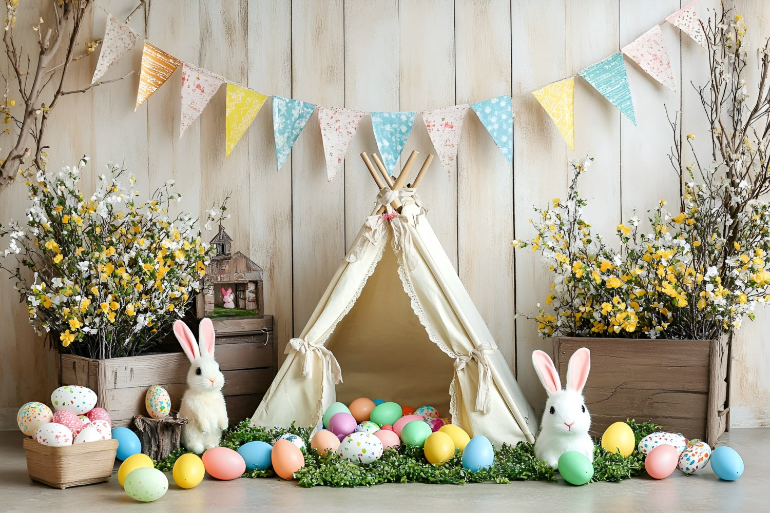 Ostern Fotohintergrund Gemütliche Teepee Floral Decor Hintergrund CSH2-93